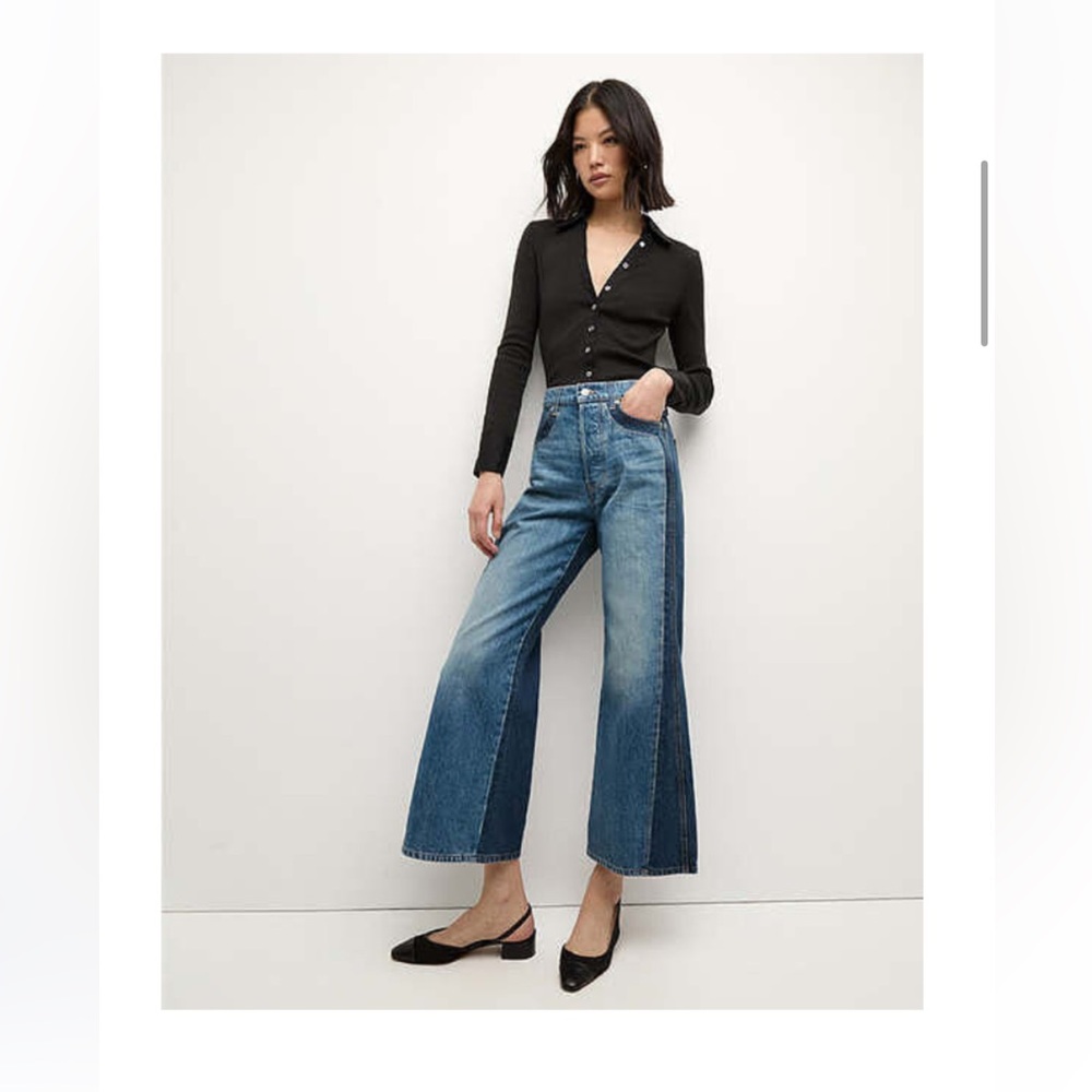 Veronica Beard Taylor Two-Tone Cropped Wide-Leg Jean in Rebel Blue Colorblock 26